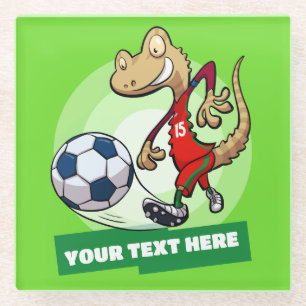 Gecko Soccer Player Custom Text Cartoon Character Glass Coaster