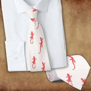 Geckos in red climbing up (on white) tie