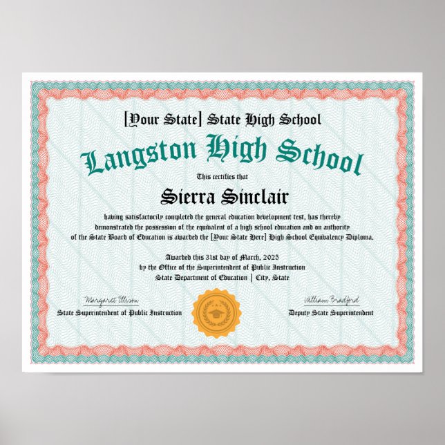 GED General High School Equivalency Diploma Copy Poster (Front)