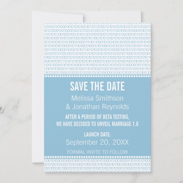 Geek Chic Binary Save the Date Invite, Blue (Front)
