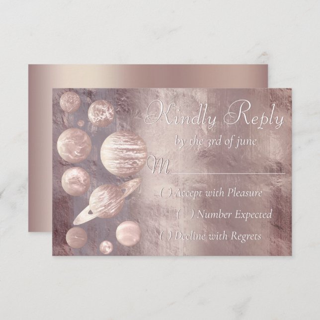 Geek Chic Wedding | Copper Rose Gold Planets RSVP Card (Front/Back)