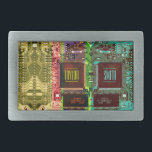 Geek & Glitch printed circuit board robotic Name Belt Buckle<br><div class="desc">Geeky glitch robotic style creation with green,  purple,  pink,  blue and yellow printed circuit board. Geometric and trendy rainbow design. Name and text to personalise on a processor.</div>