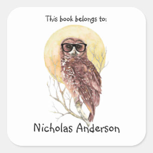 Geek Hipster Owl in Glasses Cool Bookplate Square Sticker