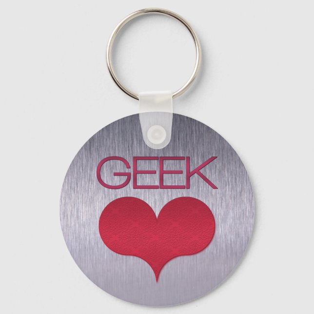 Geek Love (Heart) Keychain, Dark Pink Key Ring (Front)