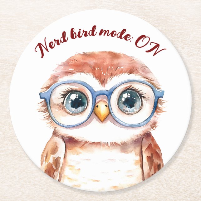 Geek Nerd Bird  Round Paper Coaster (Front)