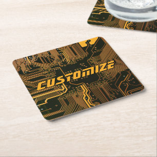 Geek Out Custom PCB Orange Circuit Board Square Paper Coaster