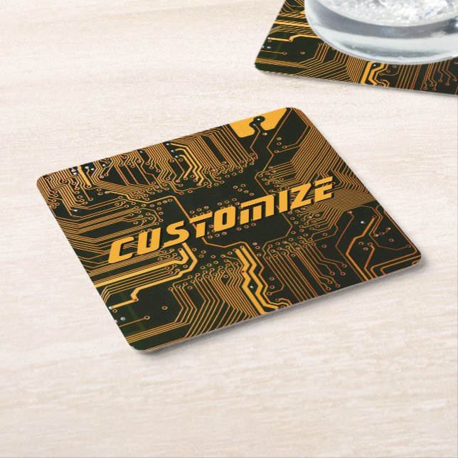 Geek Out Custom PCB Orange Circuit Board Square Paper Coaster (Angled)