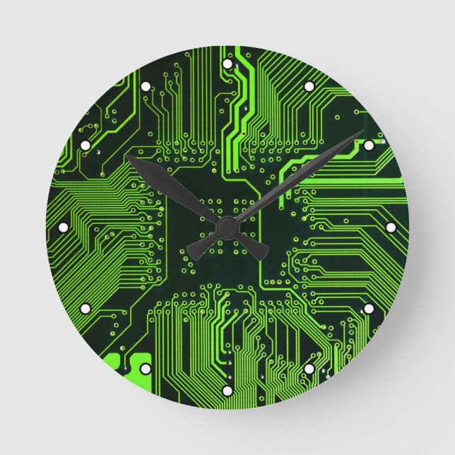 Geek Out Nerd PCB Green Electronic Circuit Board  Round Clock (Front)