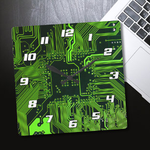 Geek Out Nerd PCB Green Electronic Circuit Board  Square Wall Clock