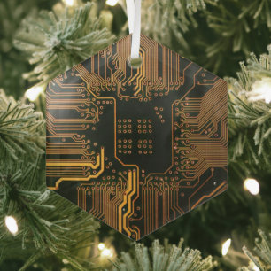 Geek Out Nerd PCB Orange Electronic Circuit Board  Glass Tree Decoration