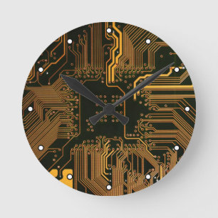 Geek Out Nerd PCB Orange Electronic Circuit Board Round Clock