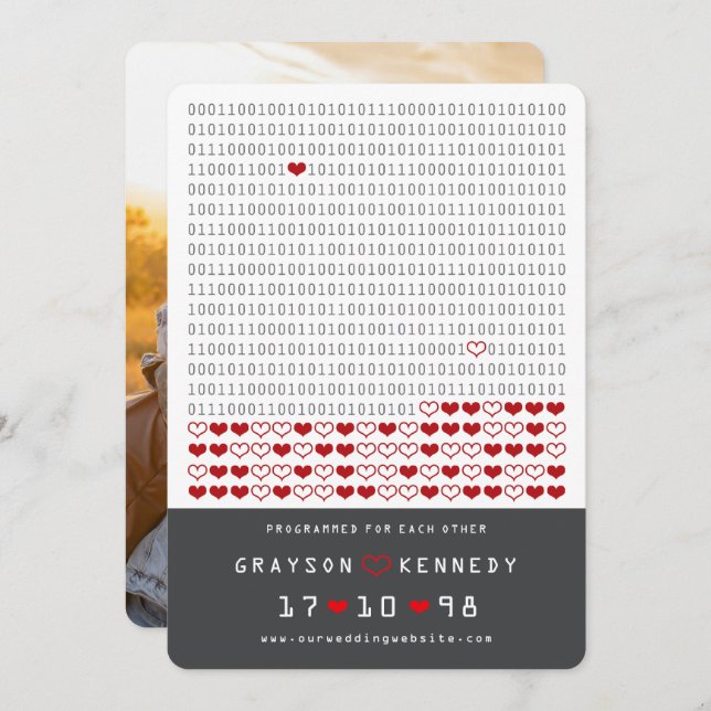 Geek Programmed For Love Simple Binary Code Photo Save The Date (Front/Back)