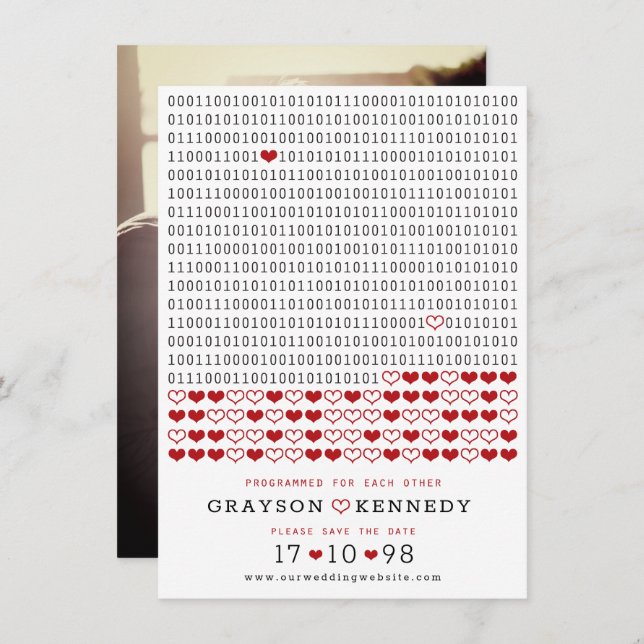 Geek Programmed For Love Simple Binary Code Photo Save The Date (Front/Back)