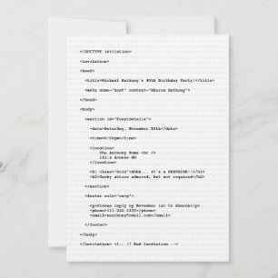 Geek Programmer HTML Code Birthday Invitation