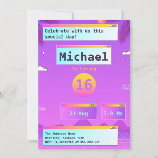  Geek Vaporwave 80s and 90s Birthday Invitation