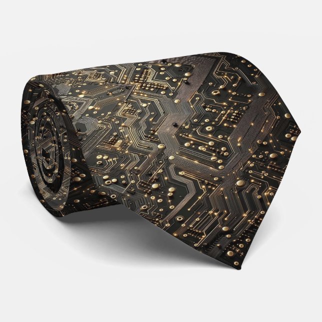 Geeky Black and Gold Circuit Computer Board Tie (Rolled)
