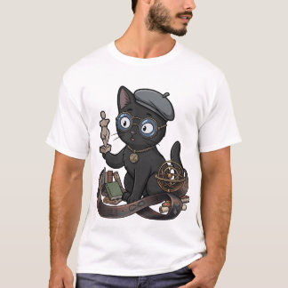 Geeky Black Cat with Glasses Studying Solar System T-Shirt