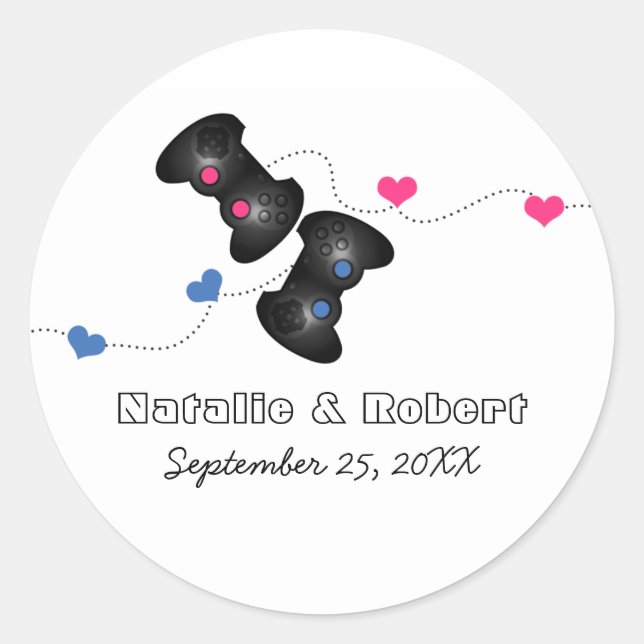 Geeky Gamers Wedding Stickers Dark (Blue/Pink) (Front)