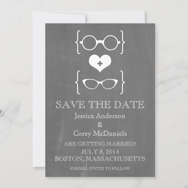 Geeky Glasses Chalkboard Save the Date Invite (Front)