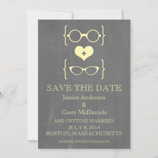Geeky Glasses Chalkboard Save the Date Invite (Front)