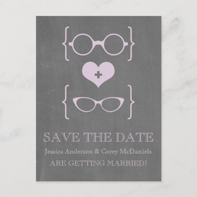 Geeky Glasses Chalkboard Save the Date Postcard (Front)