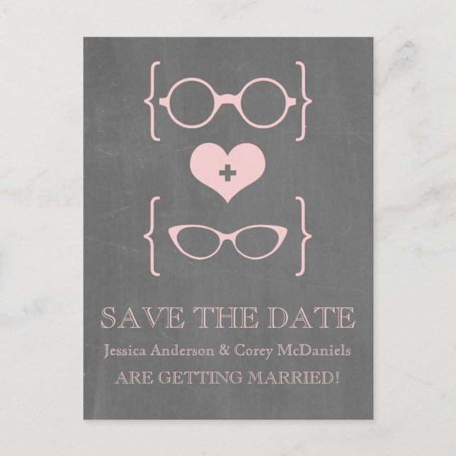 Geeky Glasses Chalkboard Save the Date Postcard (Front)