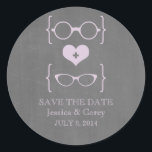 Geeky Glasses Chalkboard Save the Date Stickers<br><div class="desc">Quirky and chic Geeky Glasses Chalkboard Save the Date Stickers in purple featuring a cute heart flanked by two pairs of nerdy eyeglasses, a manly pair and a girly pair representing the groom and bride on a chalkboard look background. These offbeat save the date stickers are perfect for announcing your...</div>