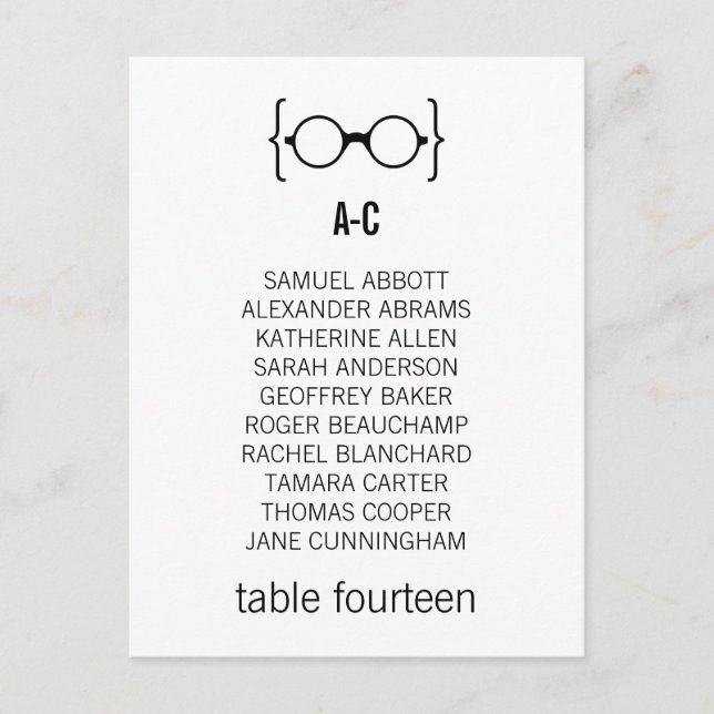 Geeky Glasses Seating Chart Postcard v1 (Front)