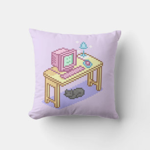 Geeky Pastel Pink Yellow Pixel Art Computer Cushion
