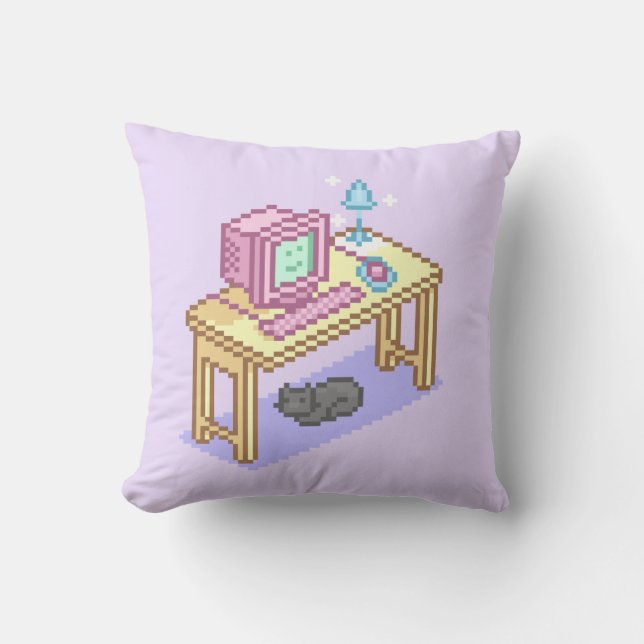 Geeky Pastel Pink Yellow Pixel Art Computer Cushion (Front)