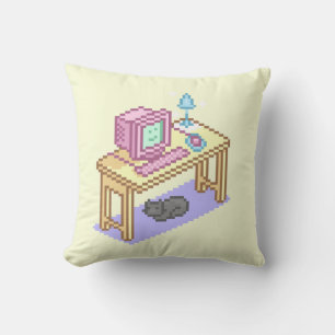 Geeky Pastel Pink Yellow Pixel Art Computer Cushion