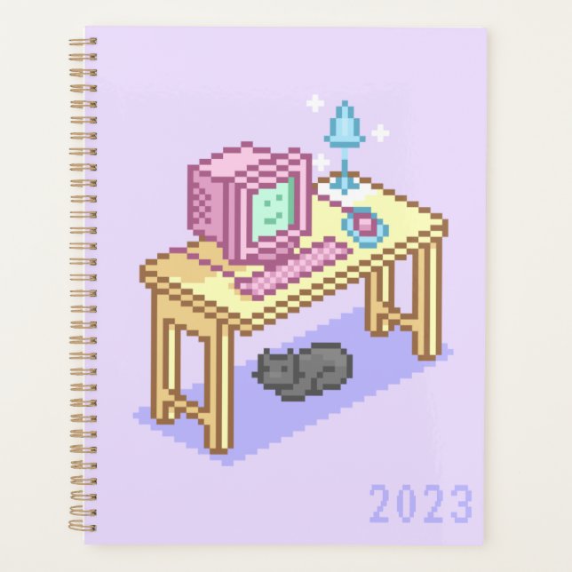 Geeky Pastel Pink Yellow Pixel Art Computer Planner (Front)
