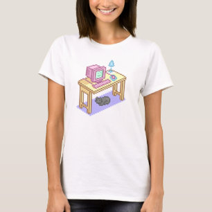 Geeky Pastel Pink Yellow Pixel Art Computer T-Shirt