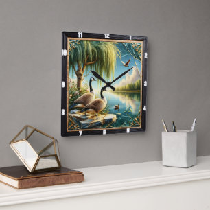 Geese and Ducks Willow Geese Rustic River Square Wall Clock