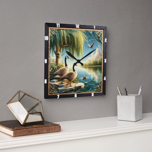 Geese and Ducks Willow Geese Rustic River Square Wall Clock (Office)