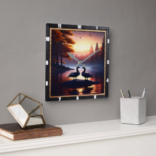 Geese And Lakeside Ducks Rustic  Square Wall Clock