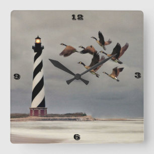 GEESE AT CAPE HATTERAS LIGHTHOUSE SQUARE WALL CLOCK