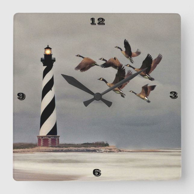 GEESE AT CAPE HATTERAS LIGHTHOUSE SQUARE WALL CLOCK (Front)