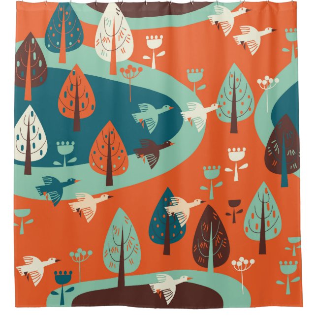 Geese Forest: Vintage Nature Scene Shower Curtain (Front)