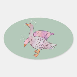 Geese Girls   Whimsical Folk Art Goose Duo Oval Sticker