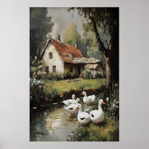 Geese In Village Spring Print, Digital Painting Poster