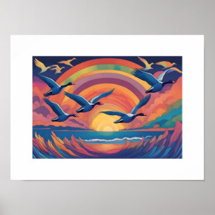 Geese Over the Beach at Sunrise Poster