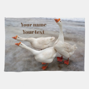Geese white tea towel