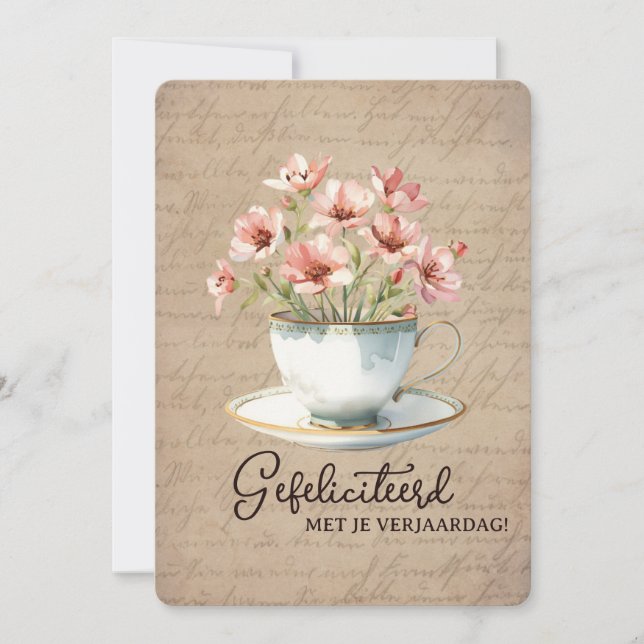 Gefeliciteerd Vintage Bloemen Kopje Thee Jarig Holiday Card (Front)