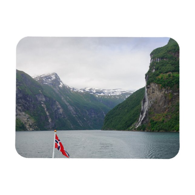 Geiranger fjord with Norwegian flag magnet (Horizontal)