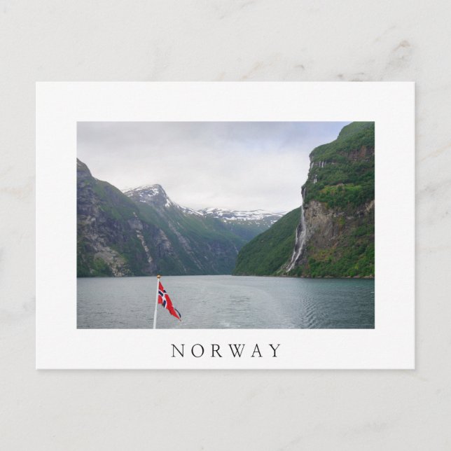 Geiranger fjord with Norwegian flag white postcard (Front)