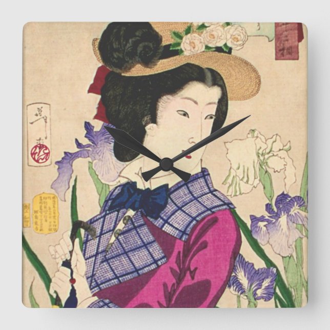 Geisha and Irises Japanese Woodblock Art Ukiyo-e Square Wall Clock (Front)