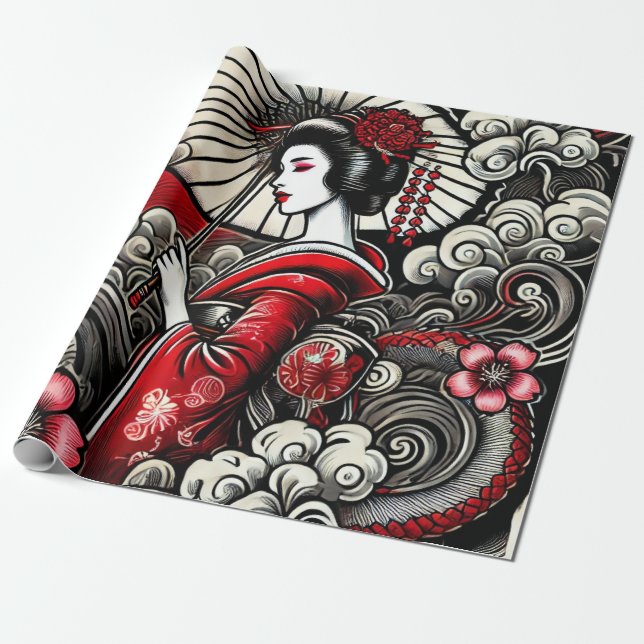 Geisha Art Wrapping Paper - Elegant Gift Wrap (Unrolled)