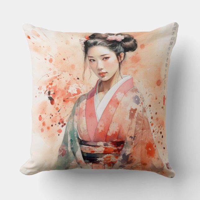 Geisha birds kawaii japanese Throw Pillows (Front)