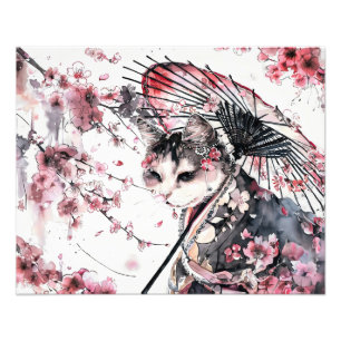 Geisha Cat with Parasol and Cherry Blossoms in Chi Photo Print
